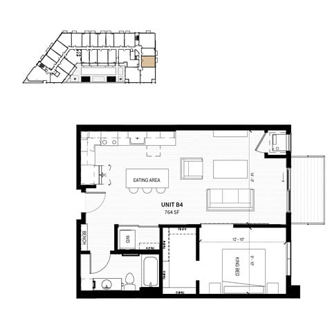 Floor plan for 1 bed, 1 bath, 764 sqft